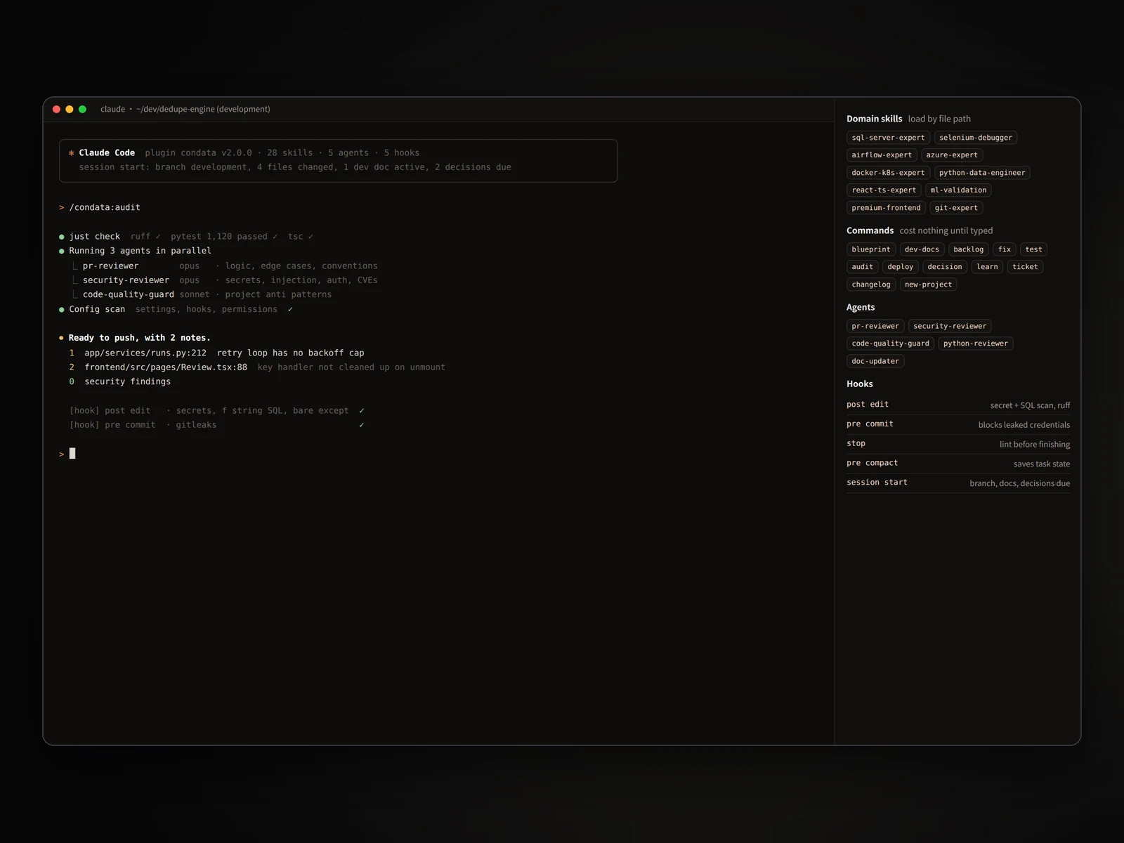 Mockup of a Claude Code session running an audit with three review agents, with skills, agents and hooks listed