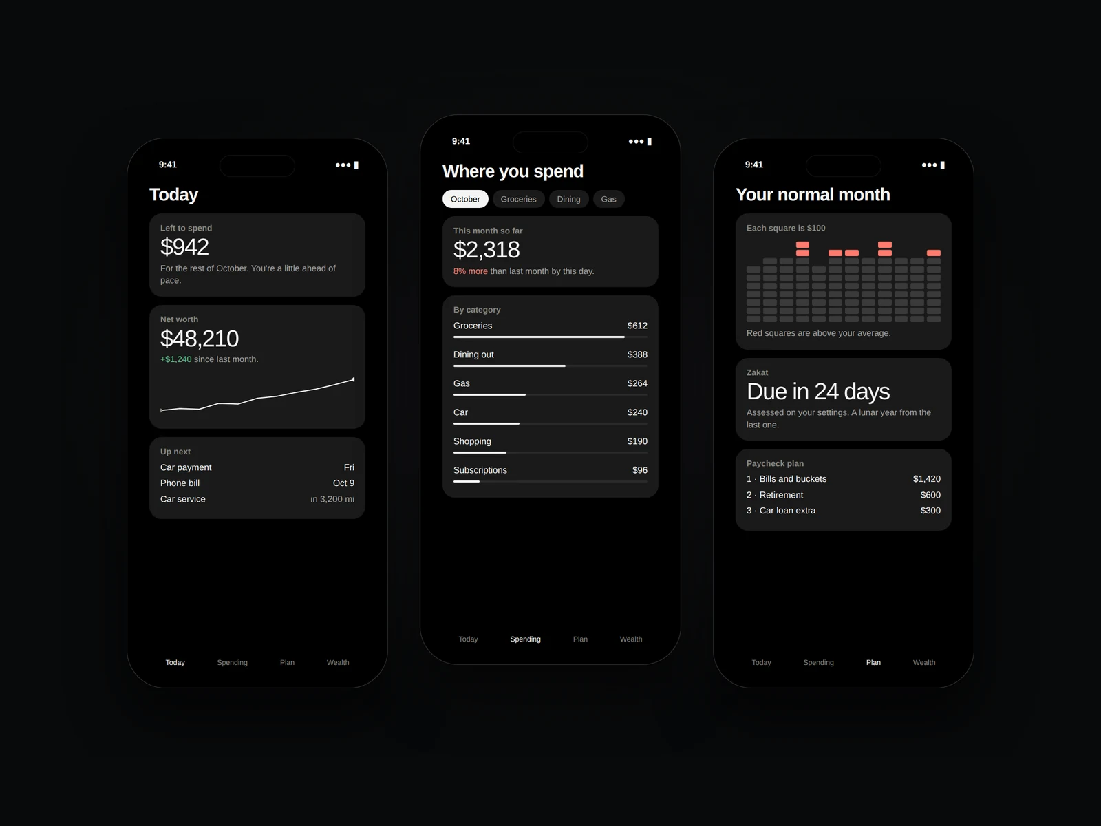 Mockup of Tally on three phones: today's numbers, where the money goes and net worth